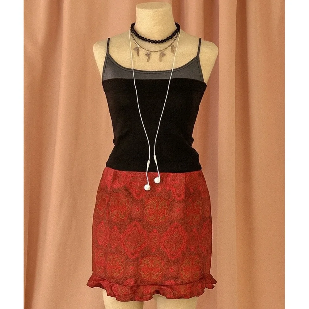 Vintage Y2K Stringbean Womens Red Satiny Floral Ruffle Hem Skirt sz 3 Dainty USA